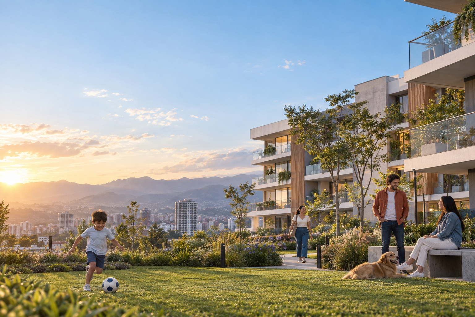 Un conjunto residencial a la hora dorada: un niño juega con un balón en el césped, una mujer camina por el sendero y dos personas conversan junto a un perro, frente a las terrazas ajardinadas del edificio.